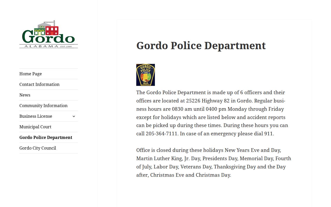 Gordo Police Department arrest record contact page in Pickens County