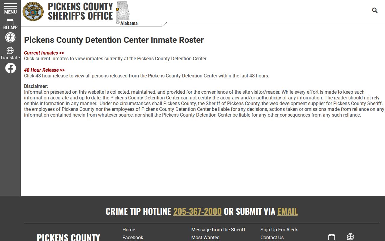 Pickens County Detention Center current inmate and release record chooser