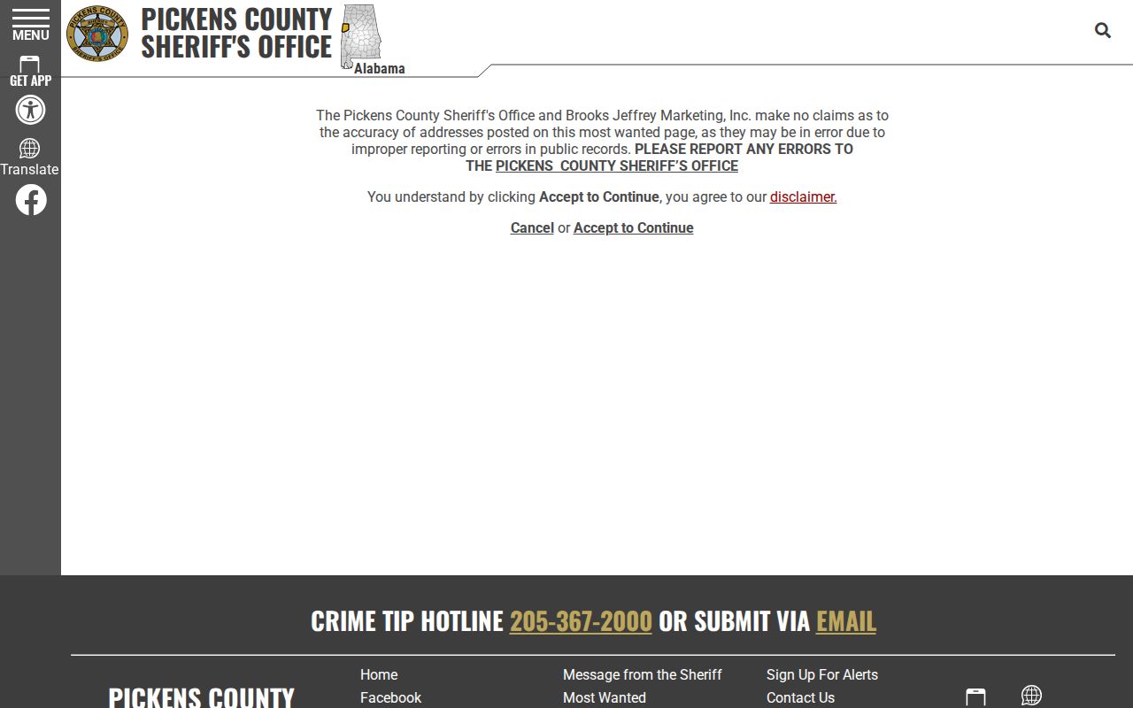 Pickens County wanted fugitives official sheriff disclaimer record