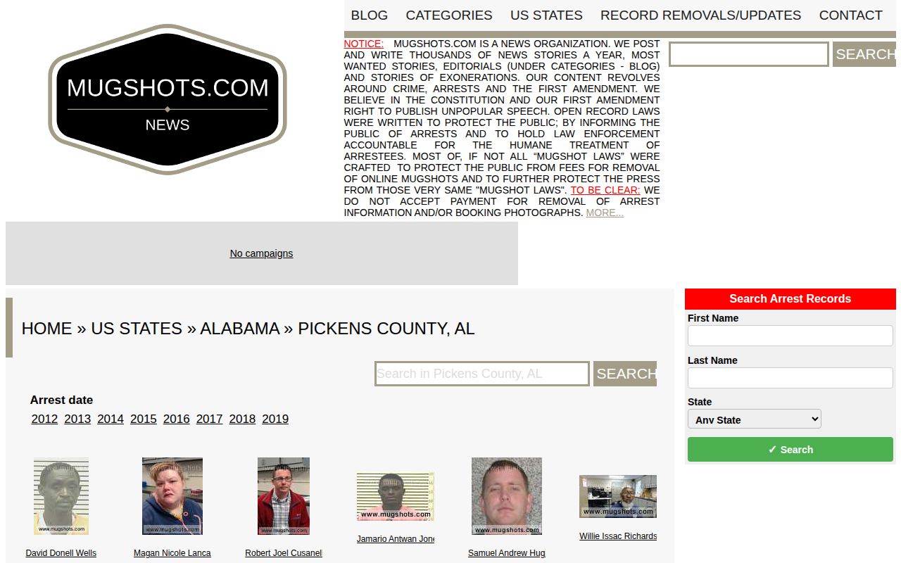 Stale unofficial Pickens County mugshot archive record