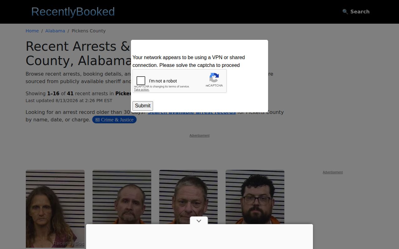 Unofficial Pickens County booking record publisher interface
